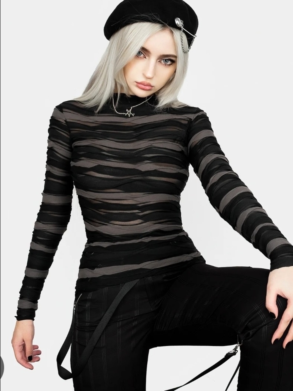 Sheer Striped Long Sleeve Top - Black Disturbia XS